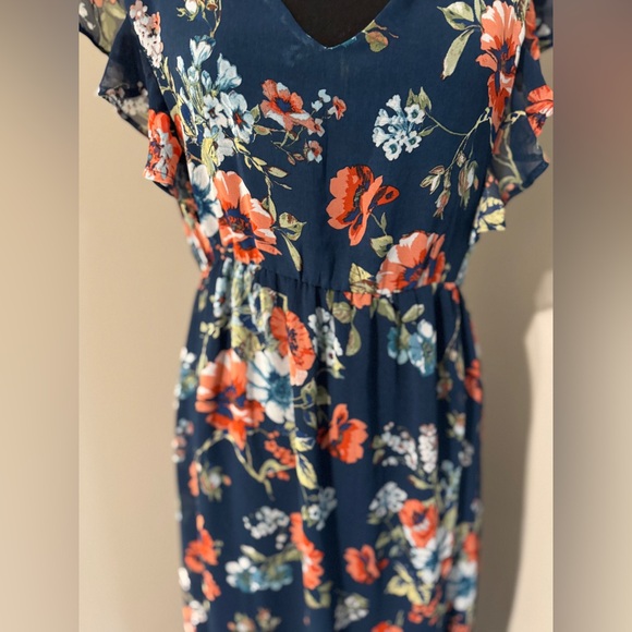 Navy Floral Maxi Dress Flutter Sleeve V Neck Smocked Waist Ruffle Hem - Picture 2 of 12